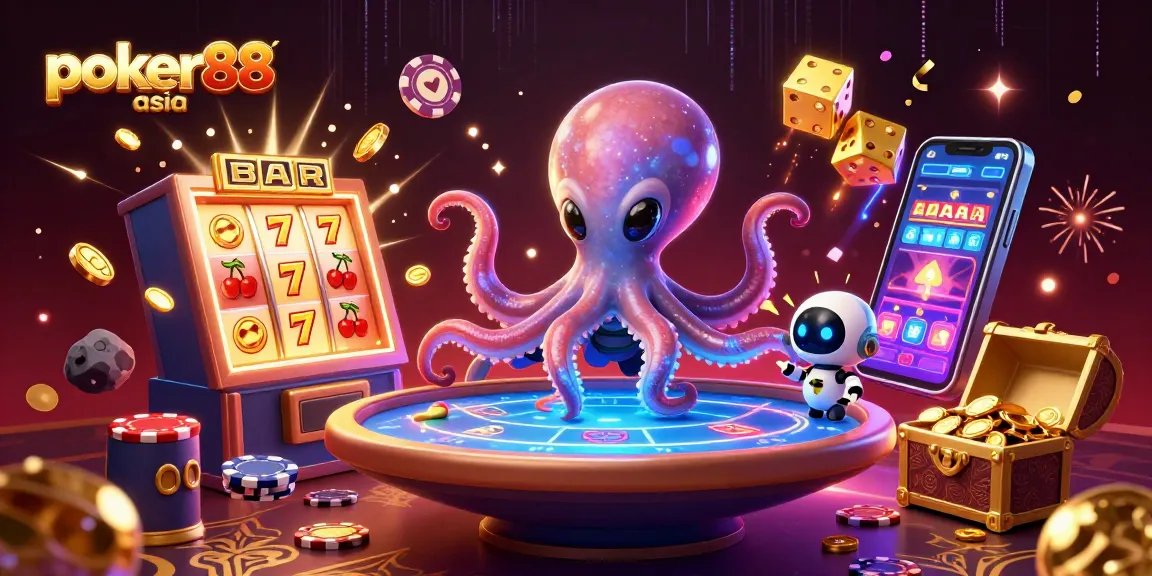 Permainan poker88 asia yang seru dengan alien dan robot beraksi di atas meja poker holografik.