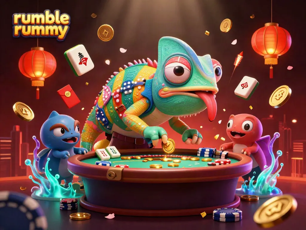 Experience thrilling gameplay with the interactive rumble rummy chameleon character in a vibrant casino scene.