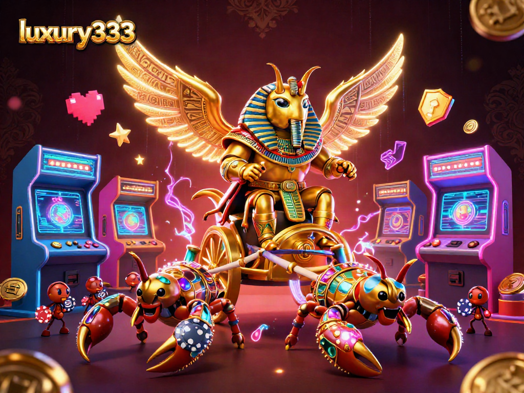 luxury333 menampilkan scarab emas besar dalam kasino bergaya 3D yang mewah dan penuh warna.