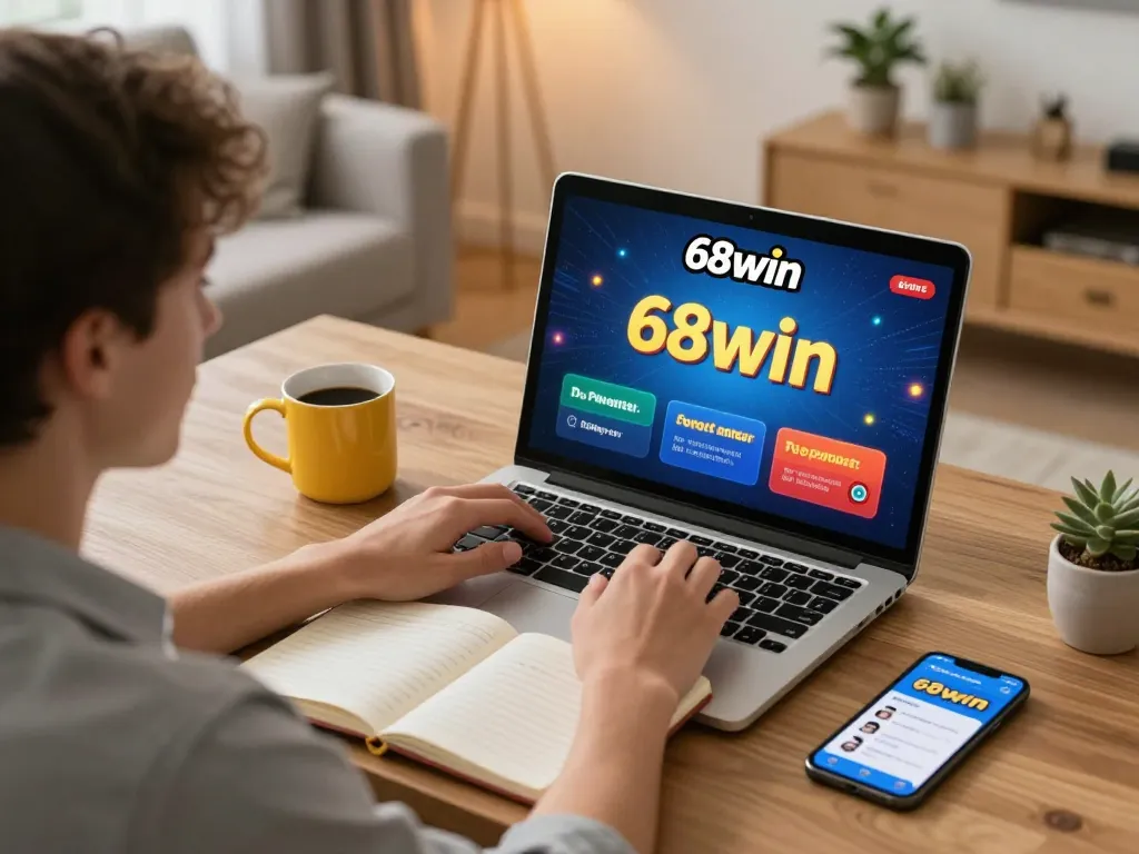 Engaging 68win online gaming session in a cozy home setting, focused player using laptop and notebook