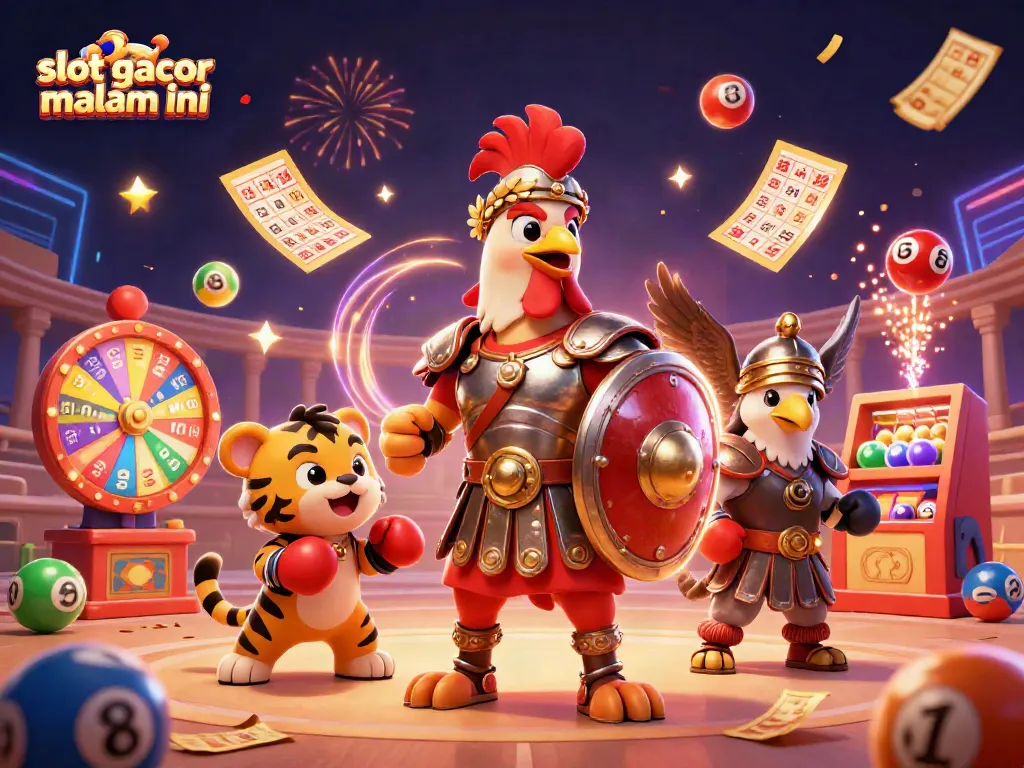 Slot gacor malam ini dengan ilustrasi ayam jantan gladiator dan elemen perjudian menarik yang dinamis.