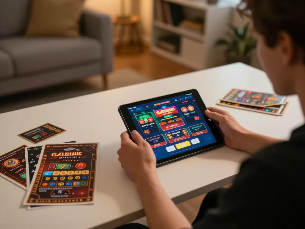 Engaging gameplay experience with link alternatif on a tablet showcasing casino app in a cozy home setting.