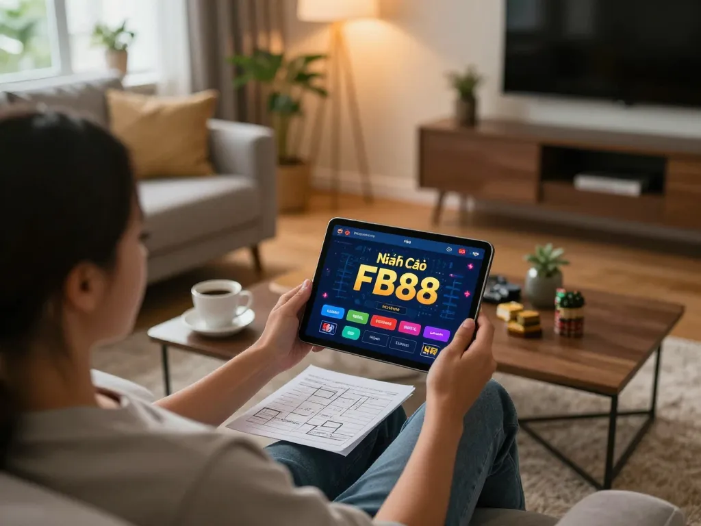 Engaging with Nhà Cái FB88 interface on a tablet in a cozy home setup, enjoying online gambling responsibly