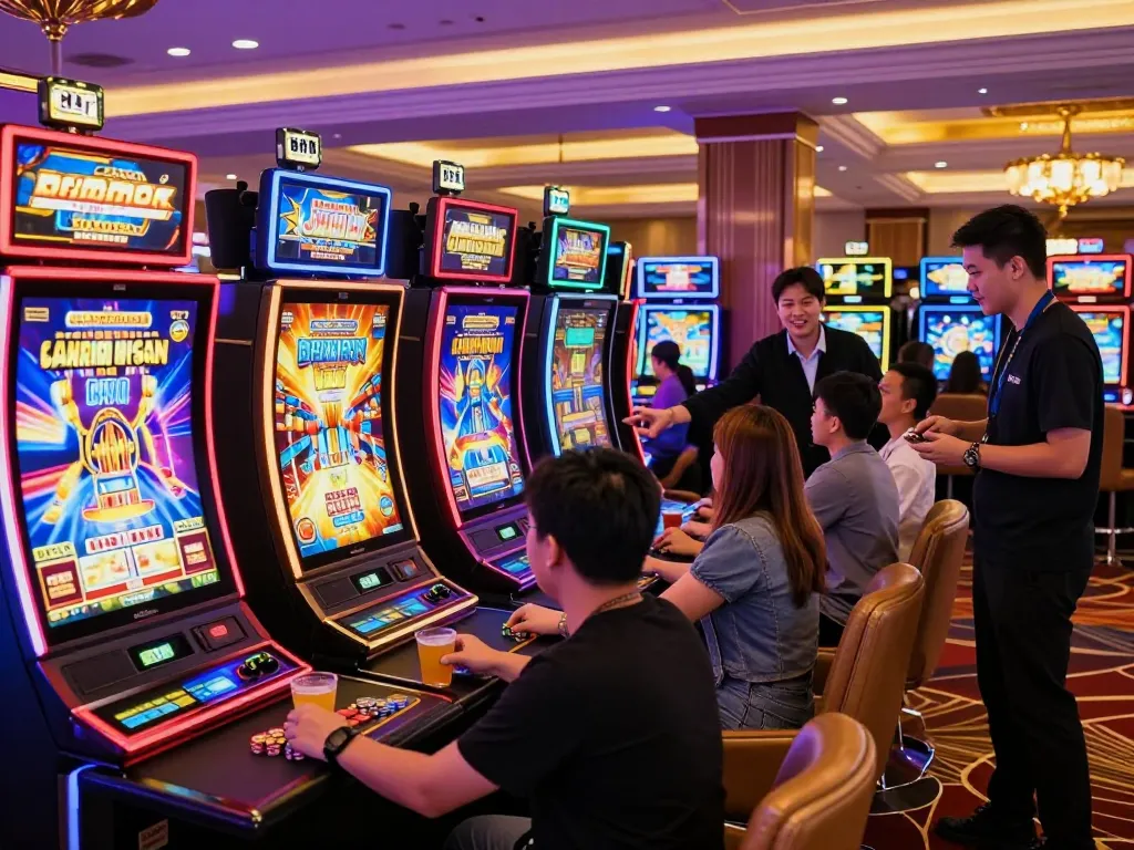 Pemain menikmati slot yang menyenangkan dalam suasana kasino yang mengasyikkan dengan situs slot gacor.