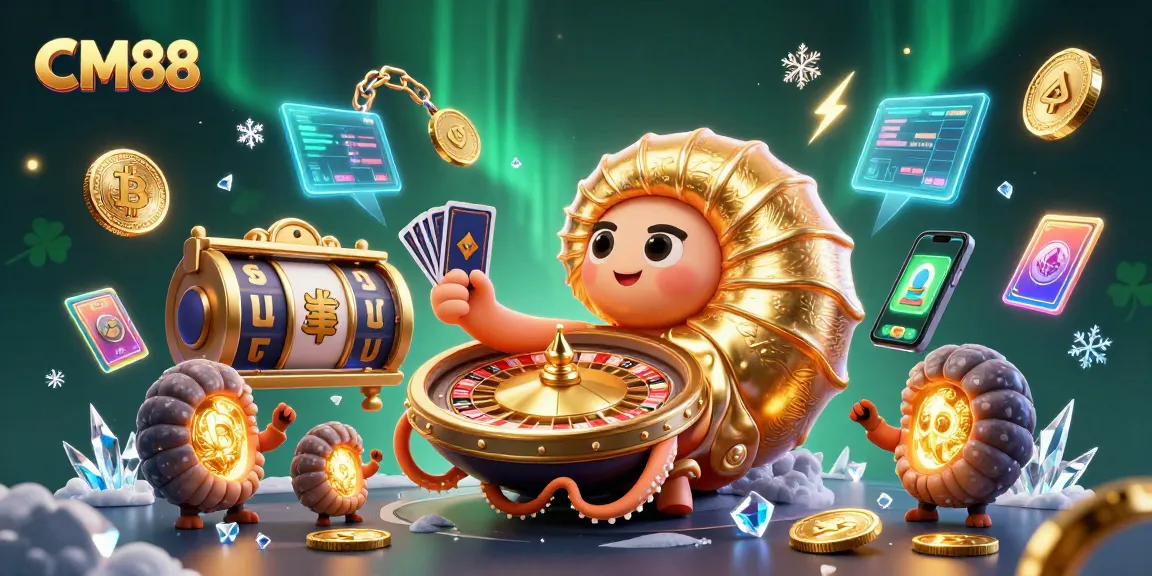 Experience the excitement of CM88 gambling with a dynamic 3D scene featuring a giant nautilus roulette wheel, coins, and glowing elements.