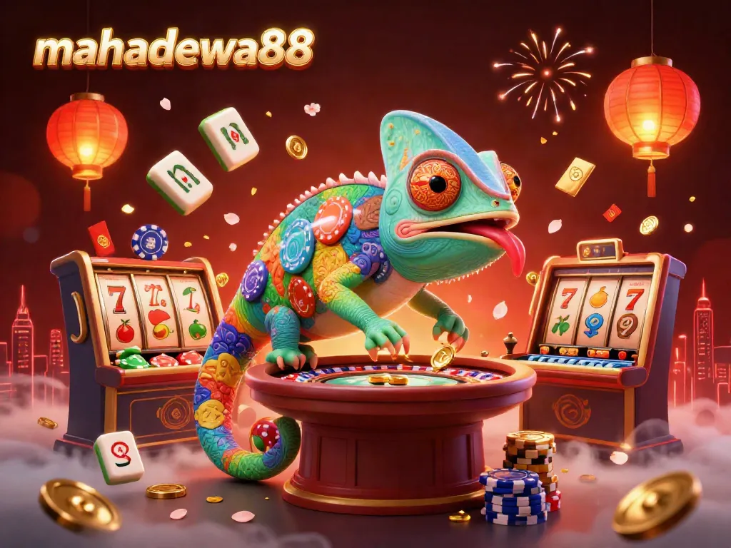 Experience the excitement of mahadewa88 with a vibrant chameleon casino owner in a 3D illustrated casino scene.