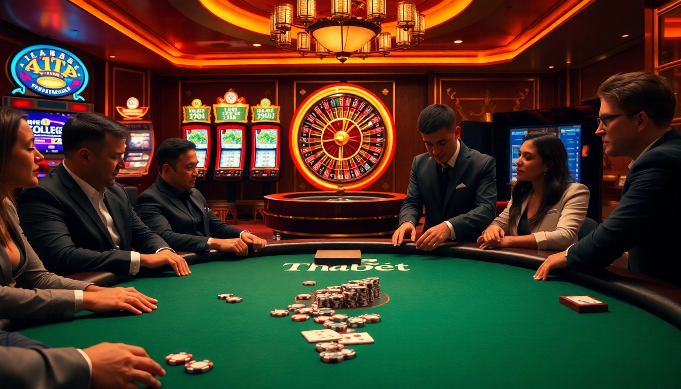 Engaging poker players strategizing at thabet college-themed casino tables, vibrant lights create thrill.