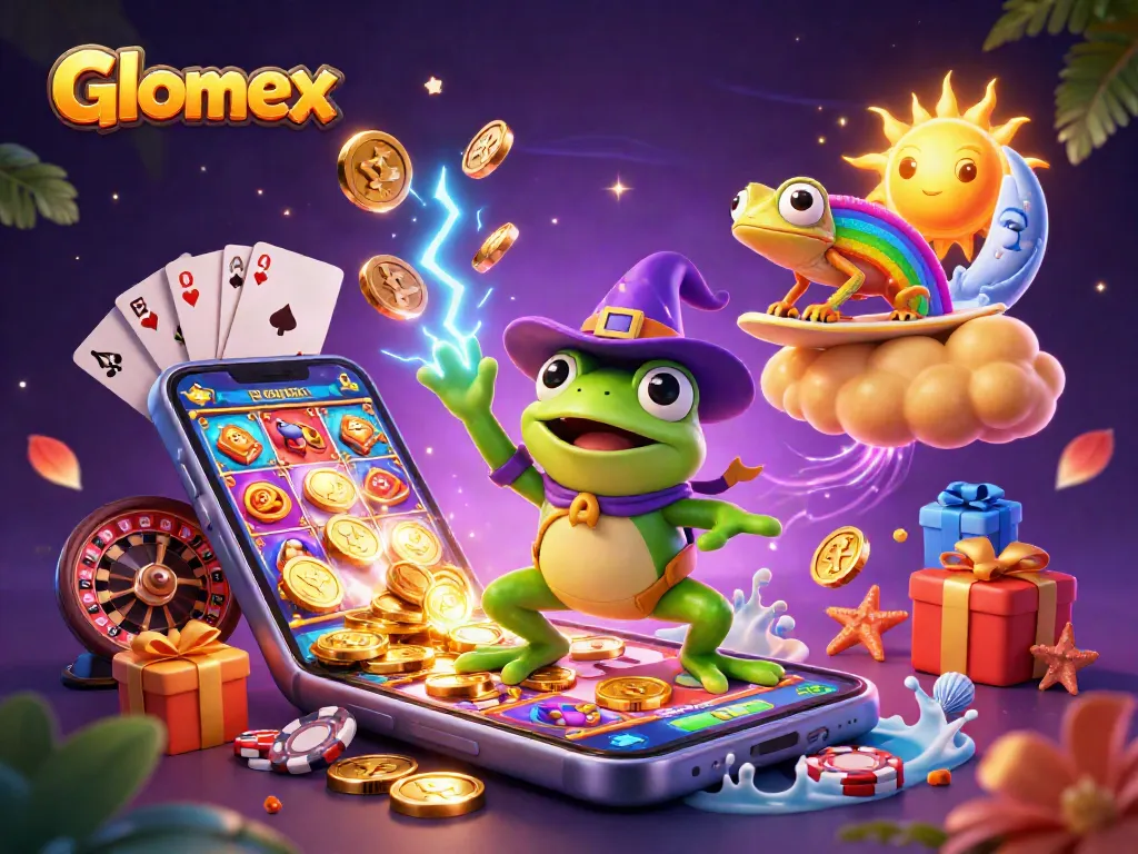 Experience thrilling wins with Glomex and vibrant casino elements in a captivating 3D scene.
