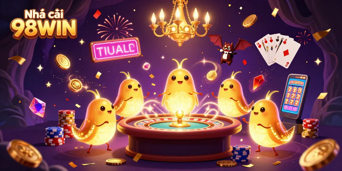 Engage with Nhà cái 98WIN at a vibrant underground casino featuring lively games and glowing neon elements.