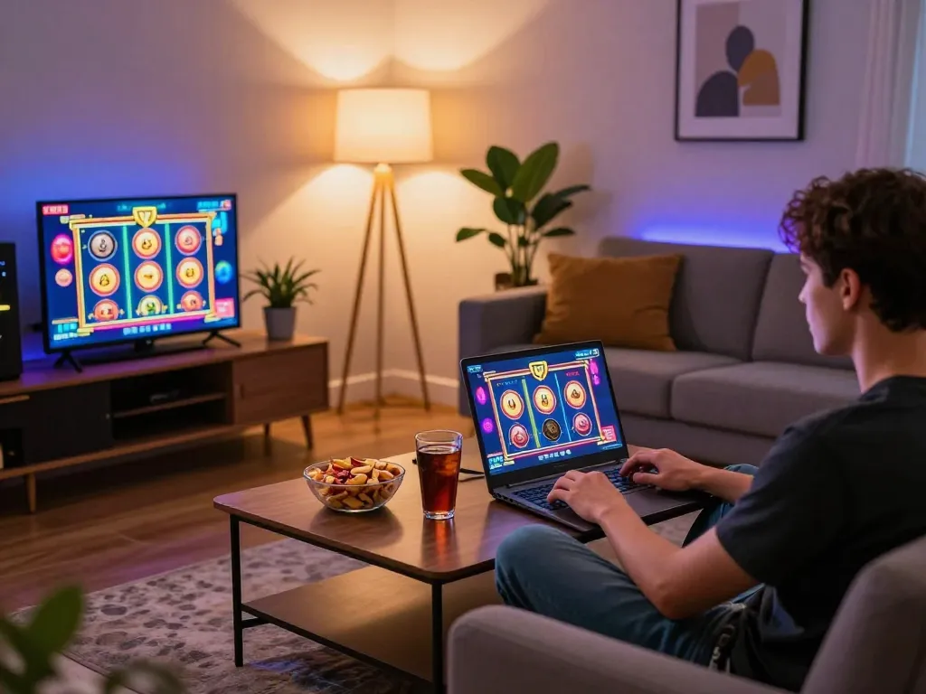 Engaging gameplay at online USA casinos with a person using a laptop in a cozy home setting.