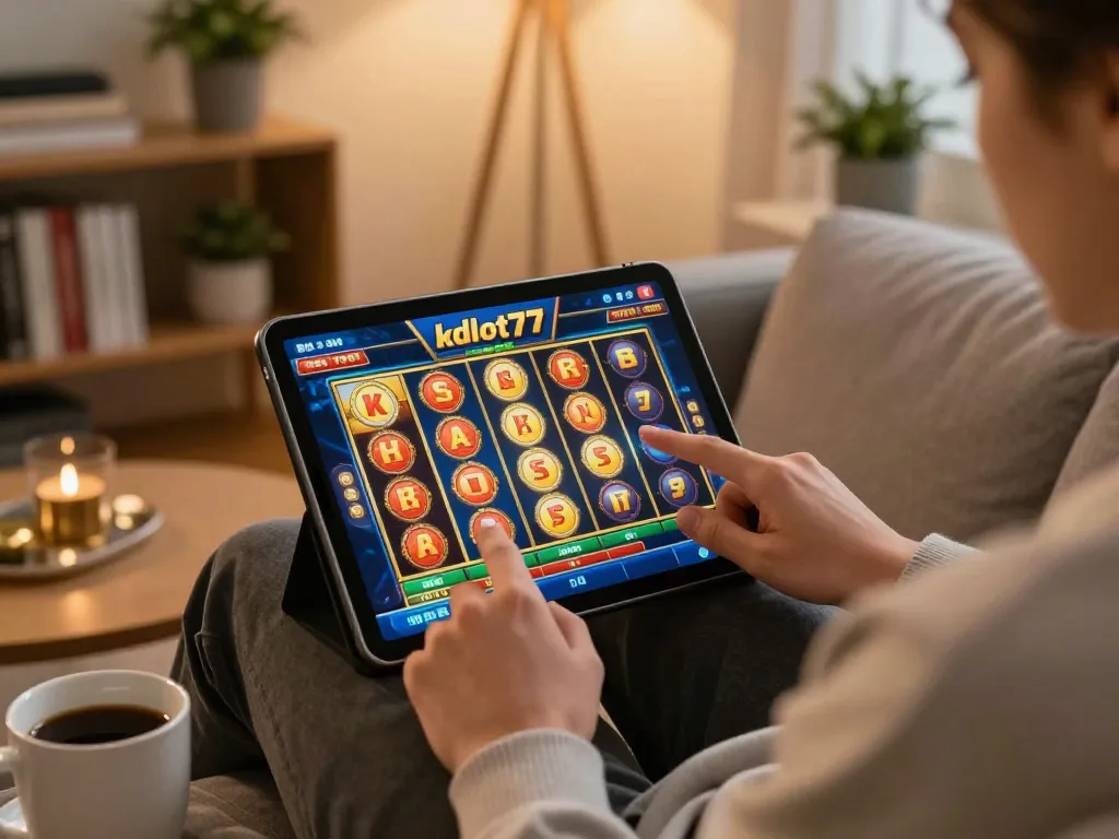 Engaged player using kdslot77 app on tablet during online gaming session, showcasing strategic gameplay.