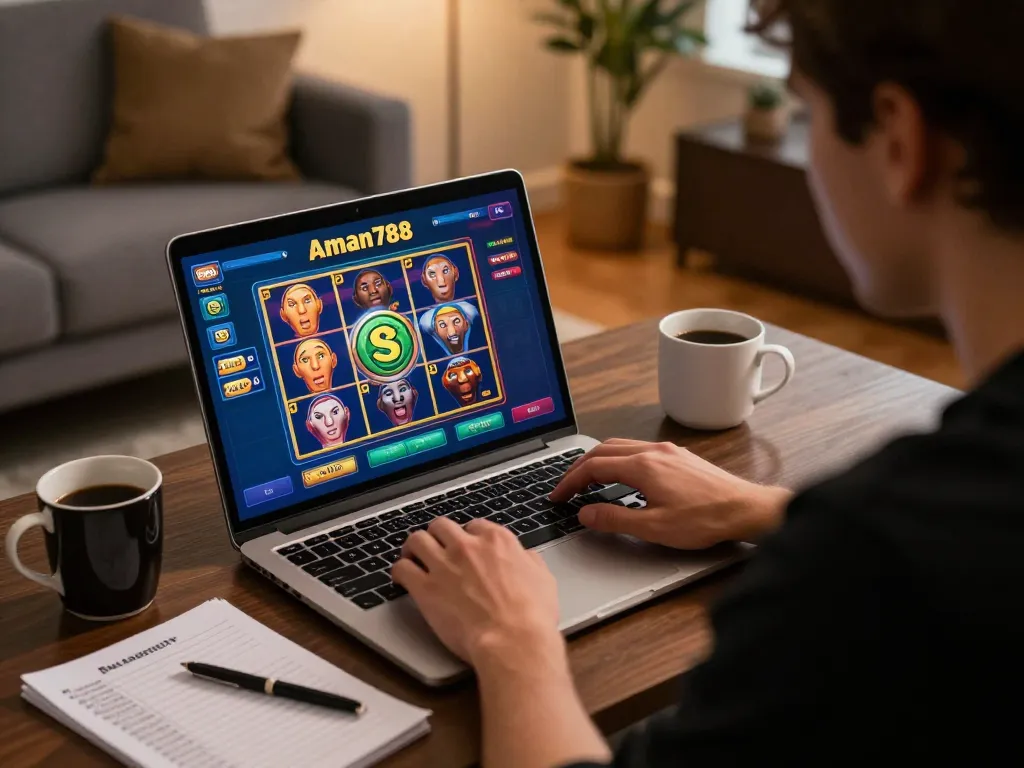 Scena menarik seorang penjudi online memainkan slot aman788, fokus pada permainan dan strategi