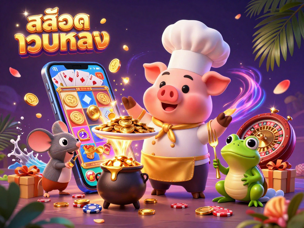 Engage withสล็อตเว็บตรง slots as a chef pig serves gold coins in a vibrant 3D casino scene.