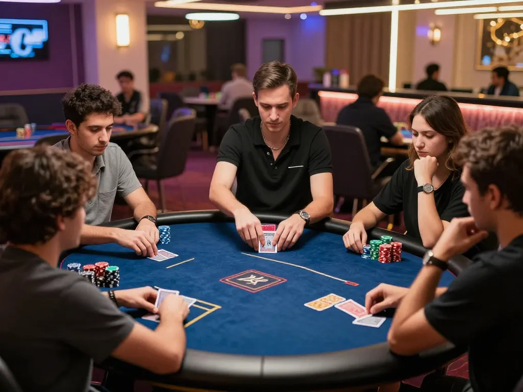 Players engaging in an online poker game with tactical decisions, featuring cm88 cards and chips in a modern gaming setting.