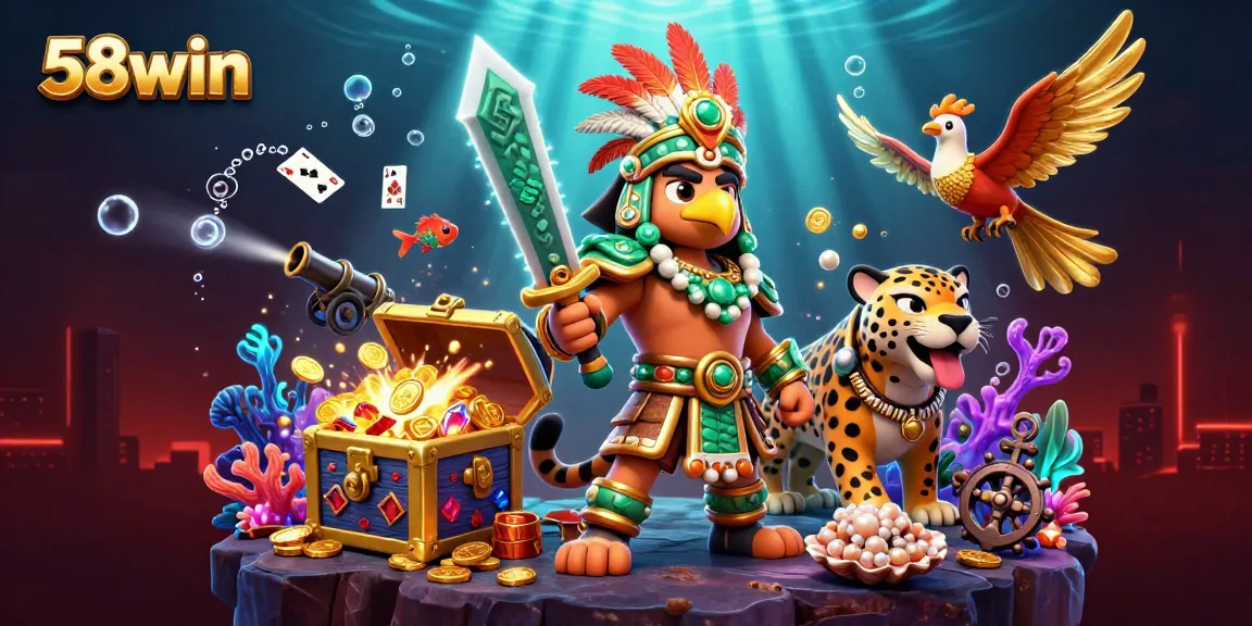 Engage in action at 58win with a vibrant 3D casino scene filled with treasure and excitement.