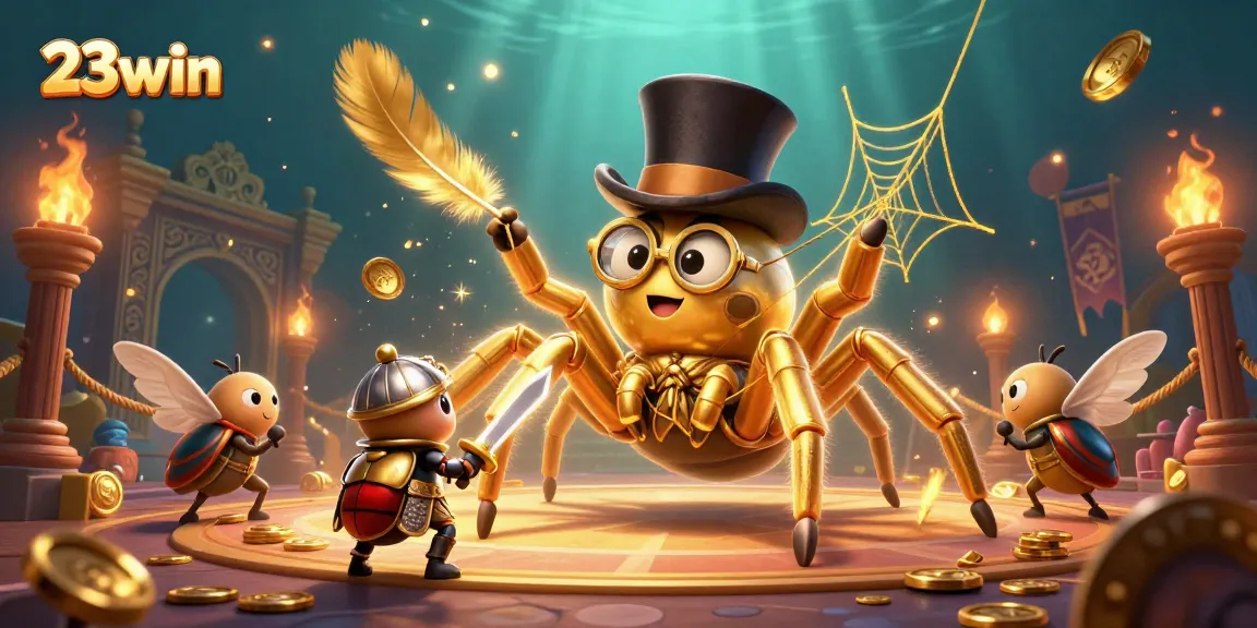 Engage with the 23win casino experience, featuring a vibrant 3D scene with a golden tarantula and beetle knight