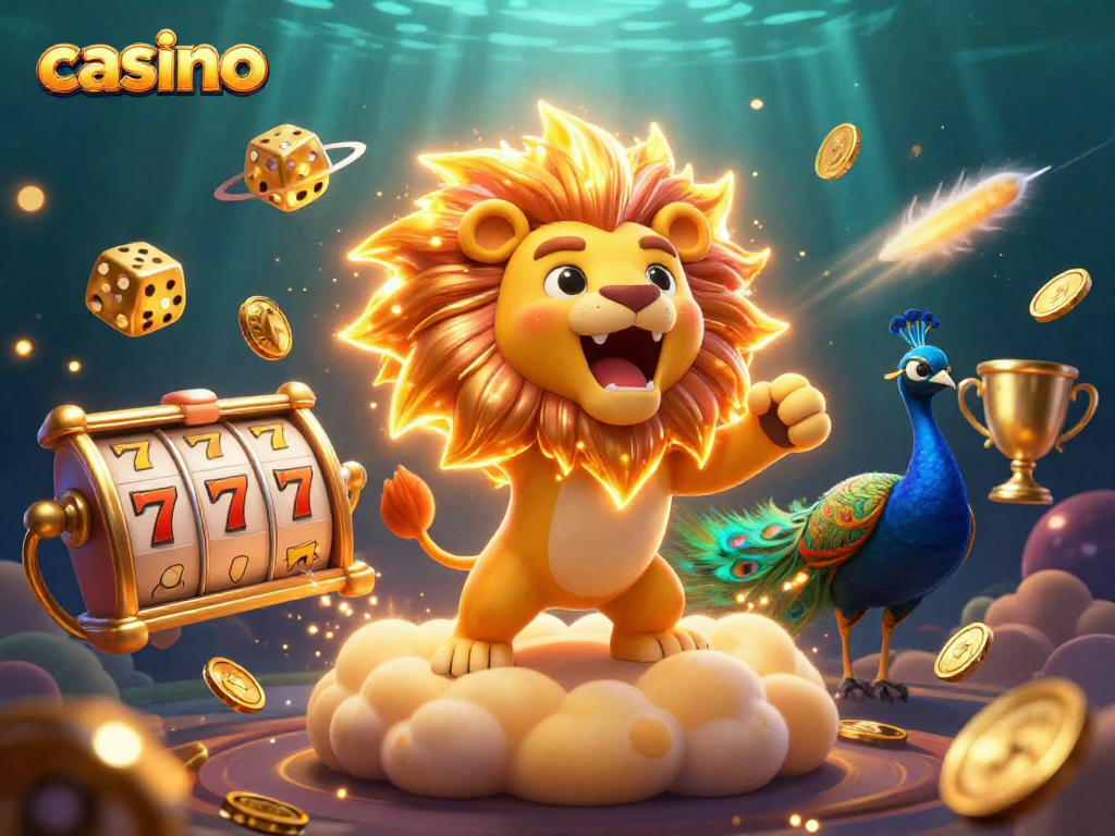 Experience thrilling casino excitement with dynamic slot reels and golden dice illustrated.