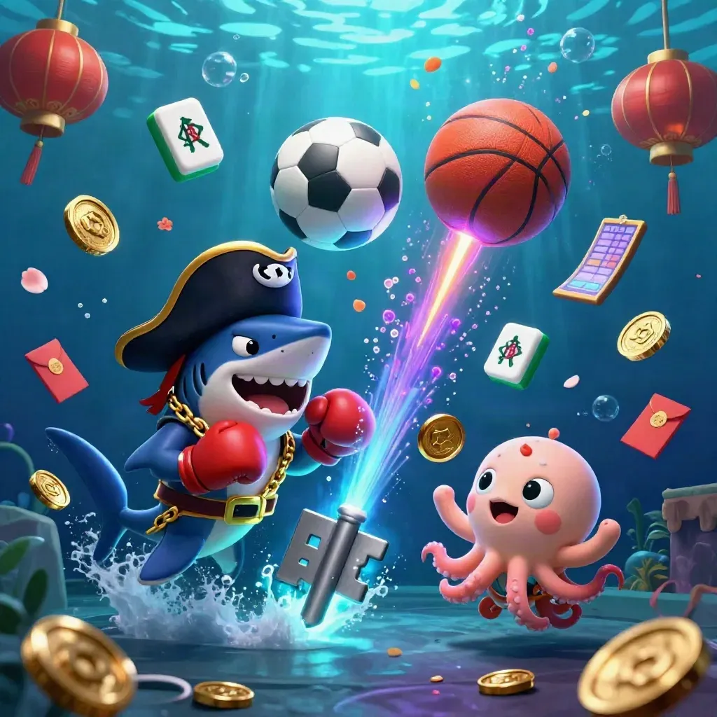 Pirate shark, pufferfish, and octopus amid flying casino game objects underwater.