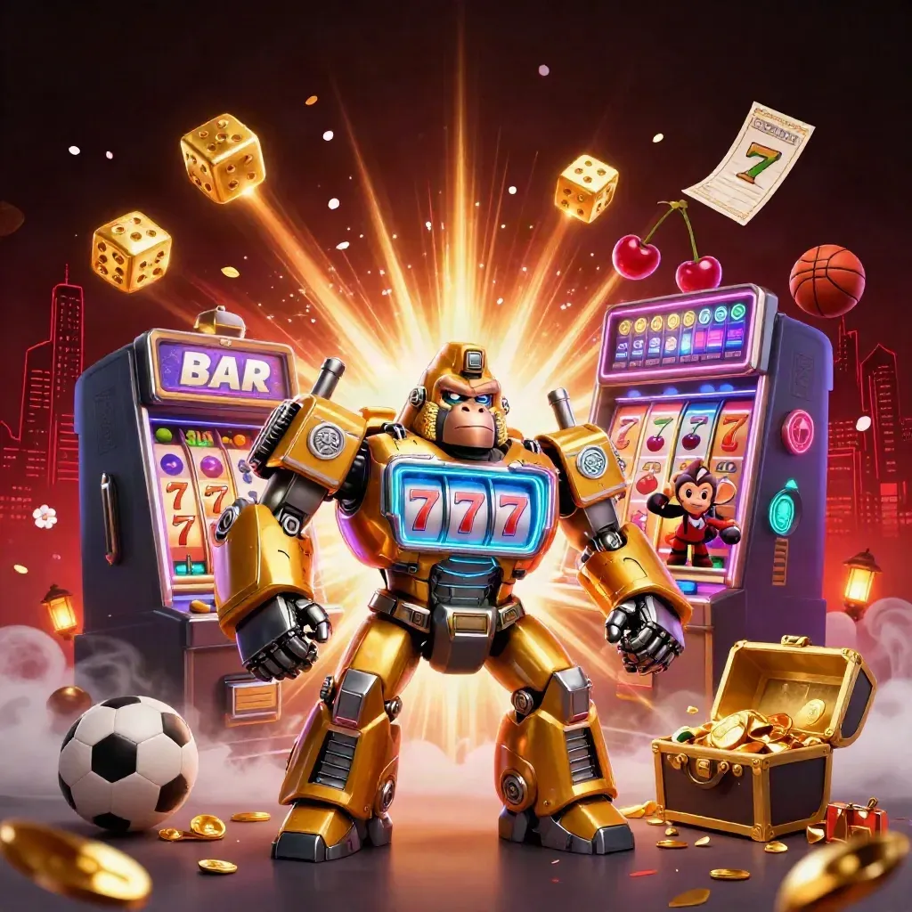 Golden gorilla mech with monkey pilot amid exploding jackpot symbols, gold, cyan, and purple lights.