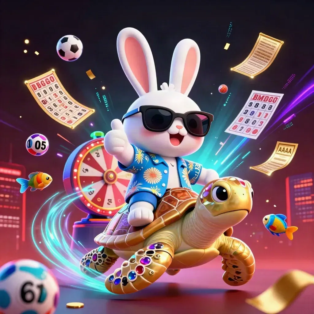Lucky rabbit on golden turtle amid casino balls, wheel, tickets, and neon energy.