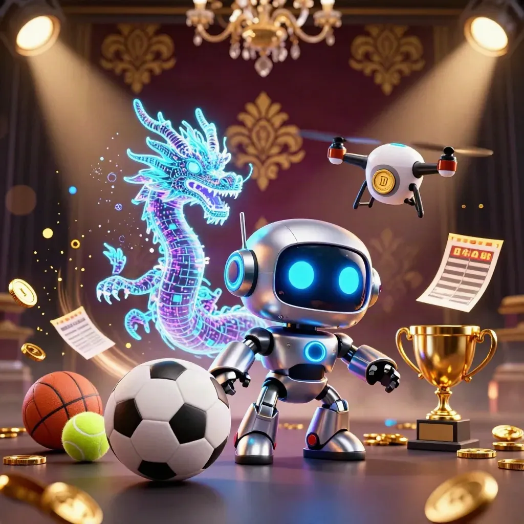 Cyber robot, holographic dragon and drone amid flying sports balls, gold coins and casino lights.