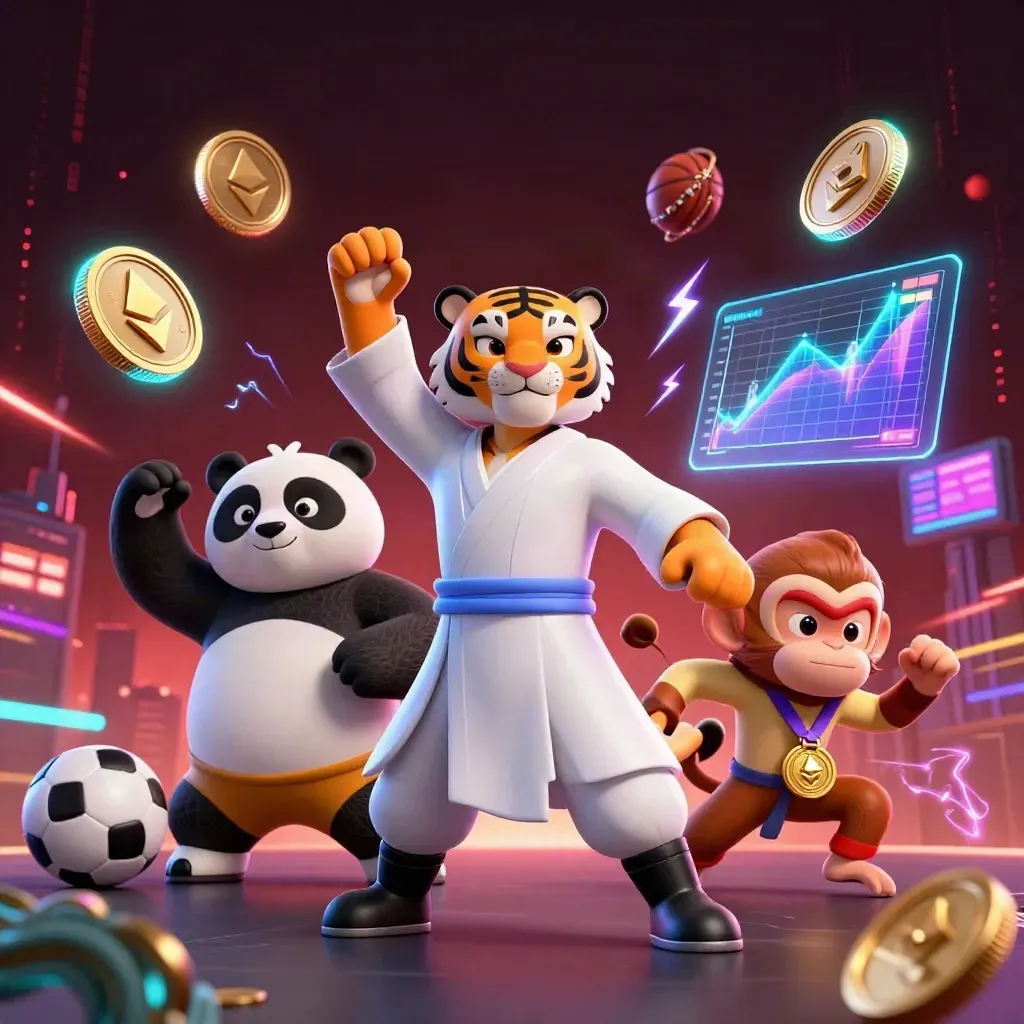 3D tiger, panda, and monkey mascots amid neon crypto coins and sports props in a dark cyber arena.