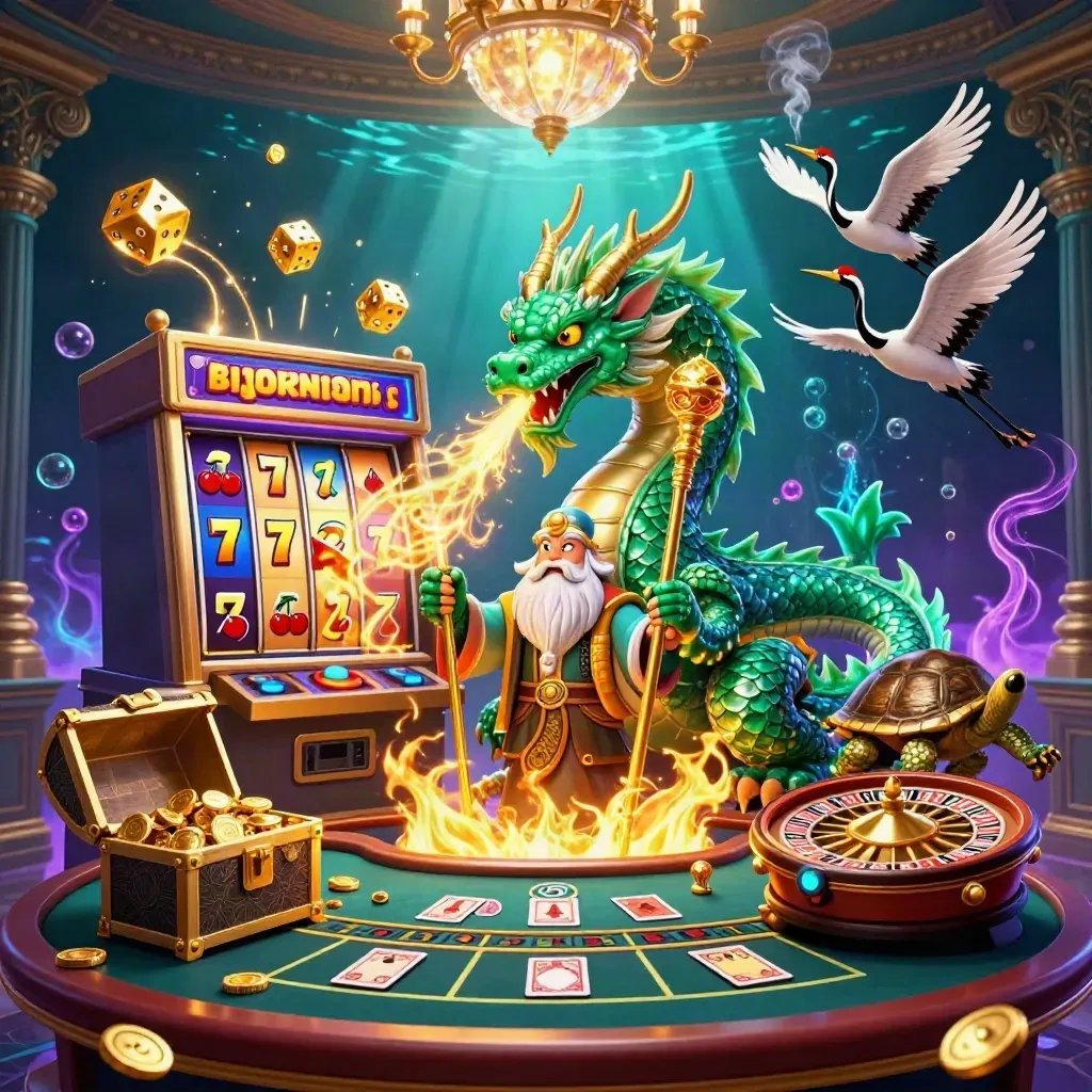 Jade dragon, turtle sage and cranes in a neon underwater casino with slot icons and gold treasure.