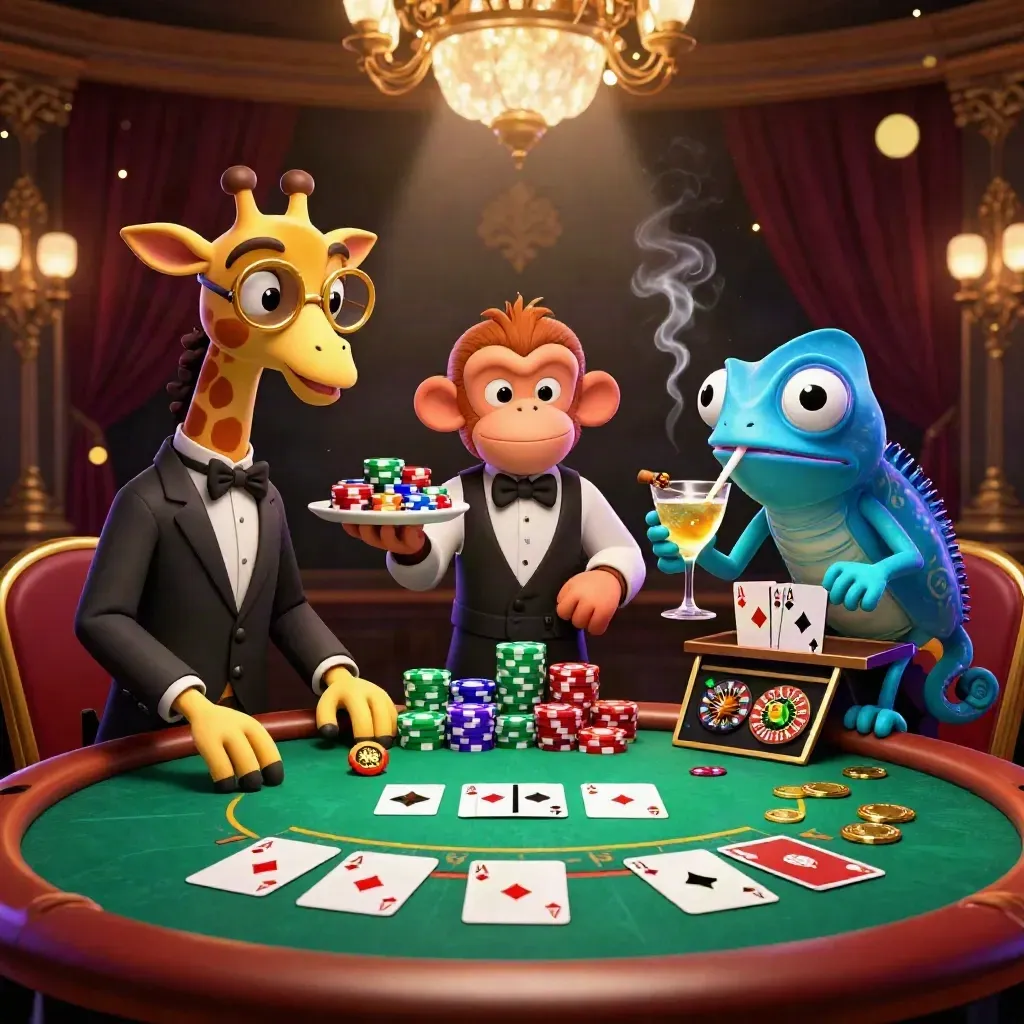 Luxe casino room with giraffe, monkey, and chameleon at a glowing poker table.