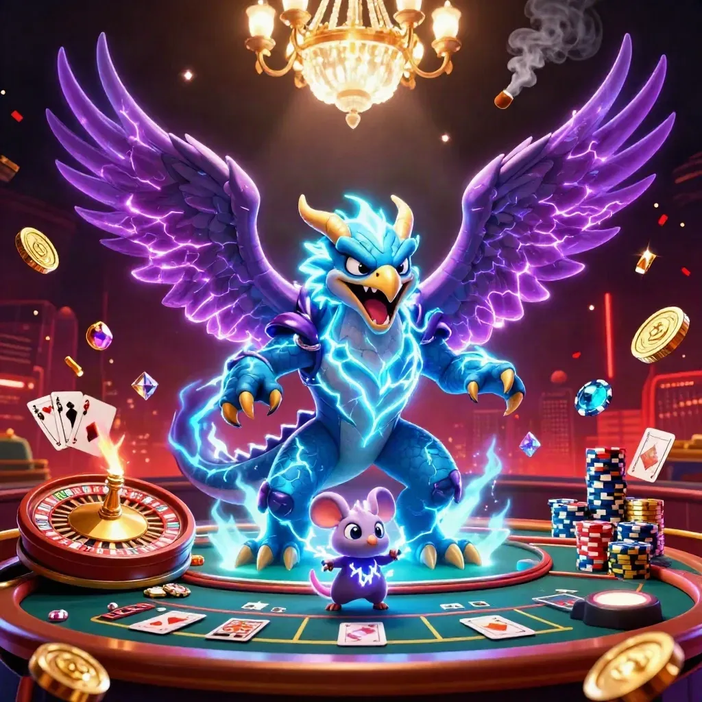 Thunder dragon, glowing hawk, and tiny mouse amid casino riches and lightning under a chandelier.