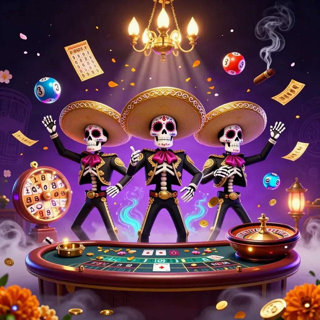 Skeleton mariachi trio amid casino magic, lottery balls, prize wheel, cards, petals, and glowing runes.