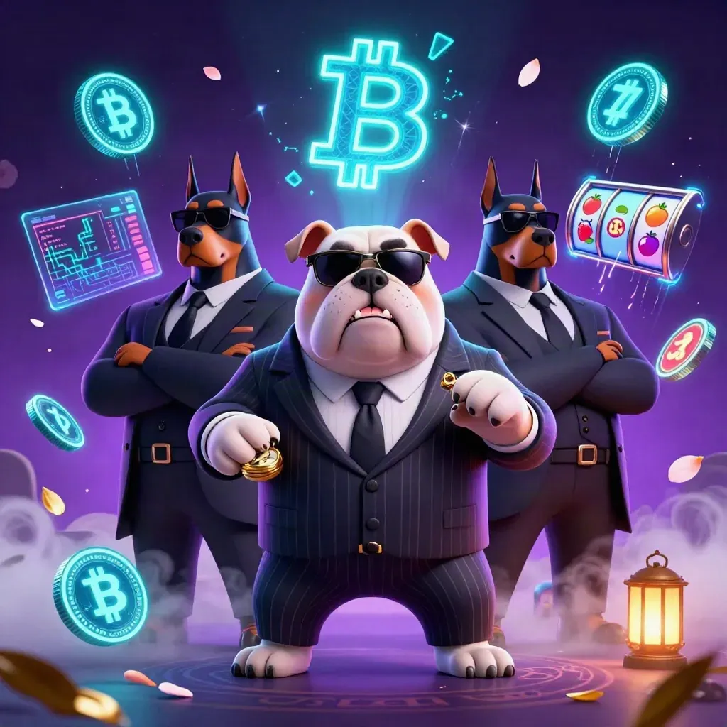Bulldog mob boss with two Dobermans amid neon coins, reels, lightning, and purple cyber energy.