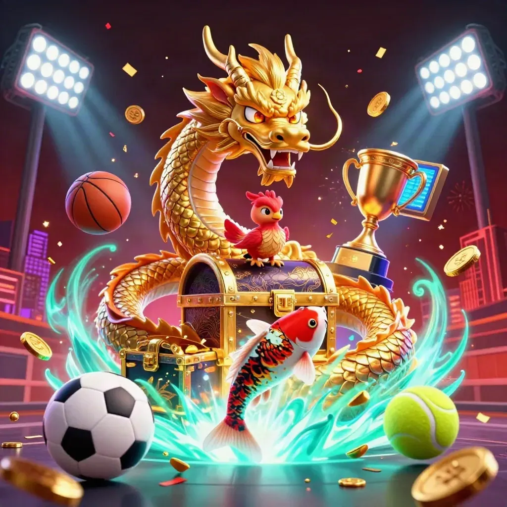Golden dragon, phoenix, and koi burst amid sports balls, coins, and cyan energy.