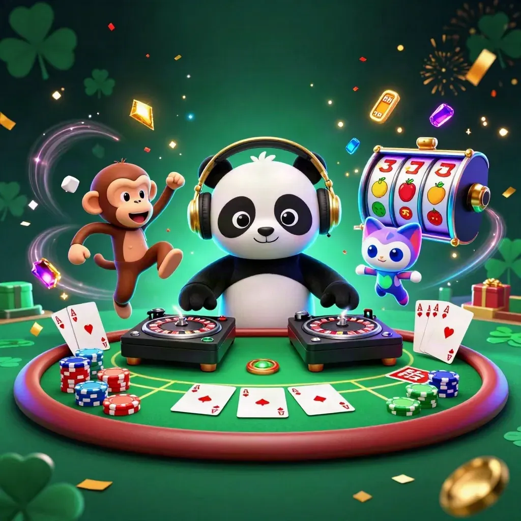 Panda DJ, dancing monkey, and rave kitten amid casino chips, cards, reels, sparks, and neon energy.