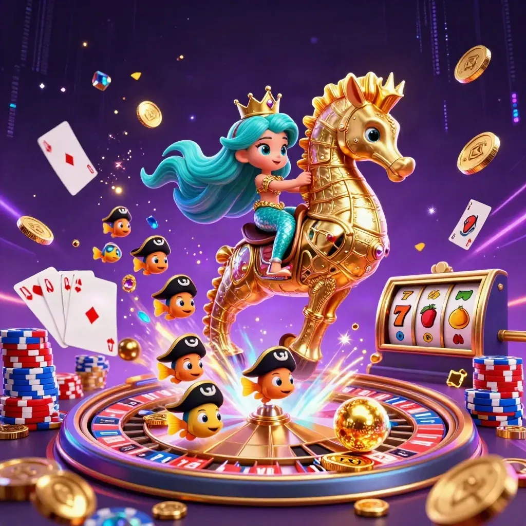 Mermaid princess on golden seahorse, fish pirates, coins, gems, cards, chips, roulette in neon cyan.