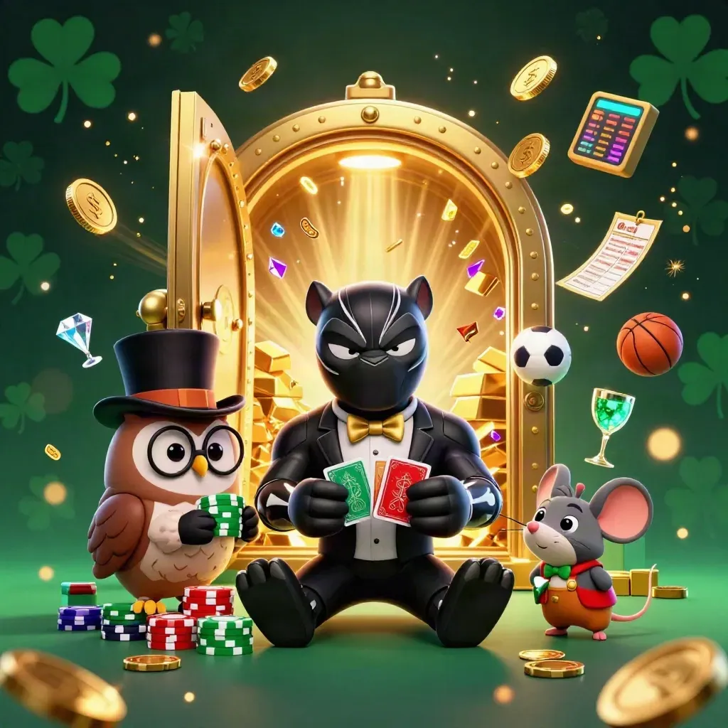 Panther, owl, and mouse amid a burst vault, gold coins, gems, and fireworks in neon casino glow