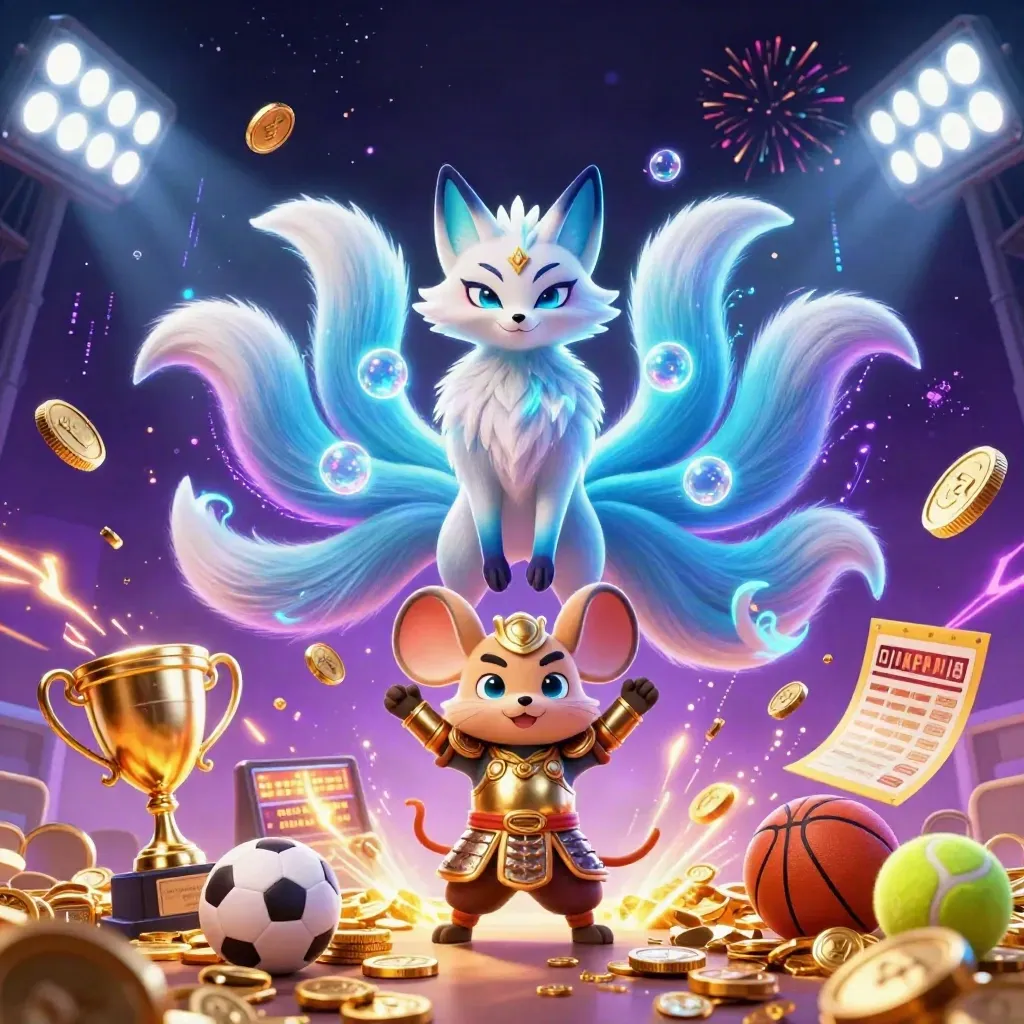 Neon fox spirit and armored samurai mouse amid flying coins, trophy, balls, fireworks