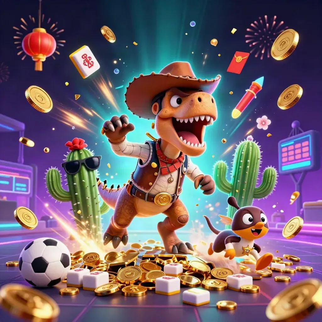 Cowboy T-Rex, cactus sidekick and sheriff roadrunner in a gold coin blast with neon casino glow