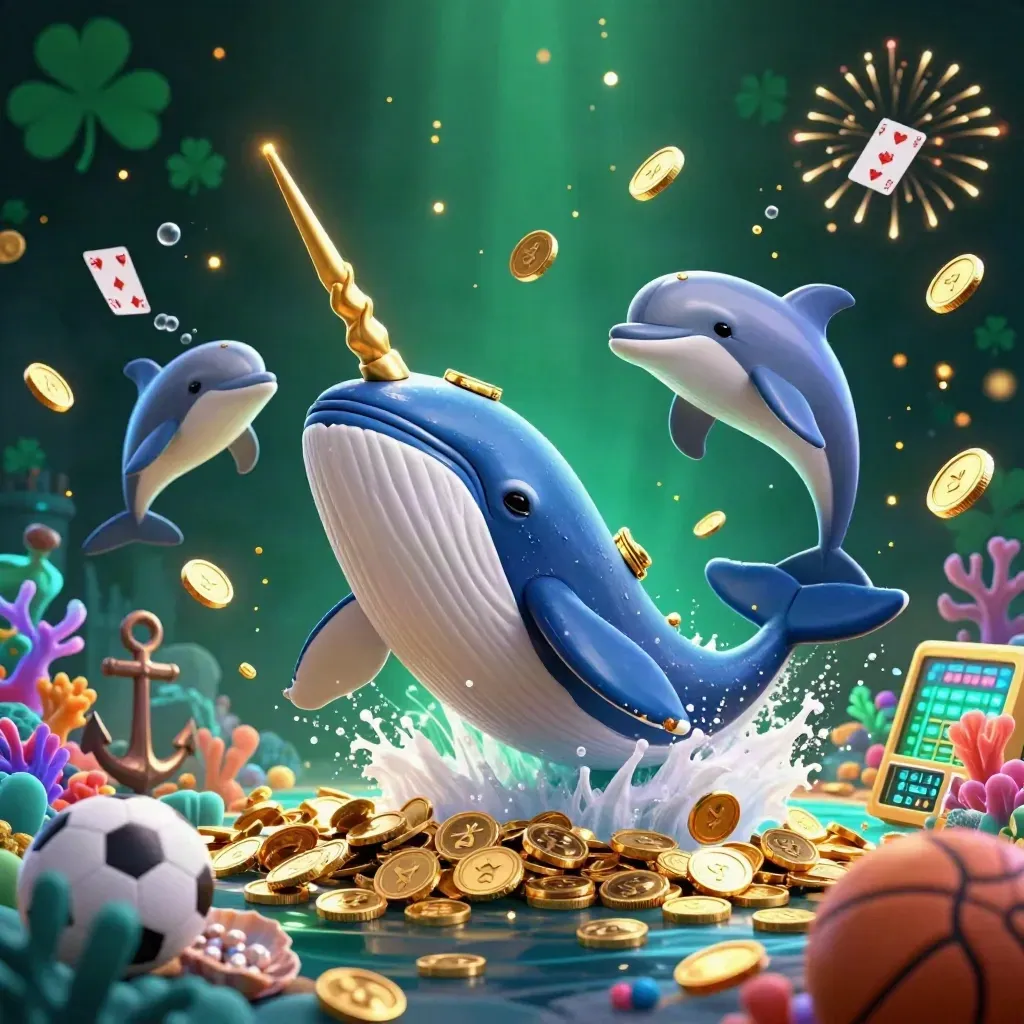 Whale captain, narwhal, and dolphins burst through gold coins in a neon casino treasure cove.