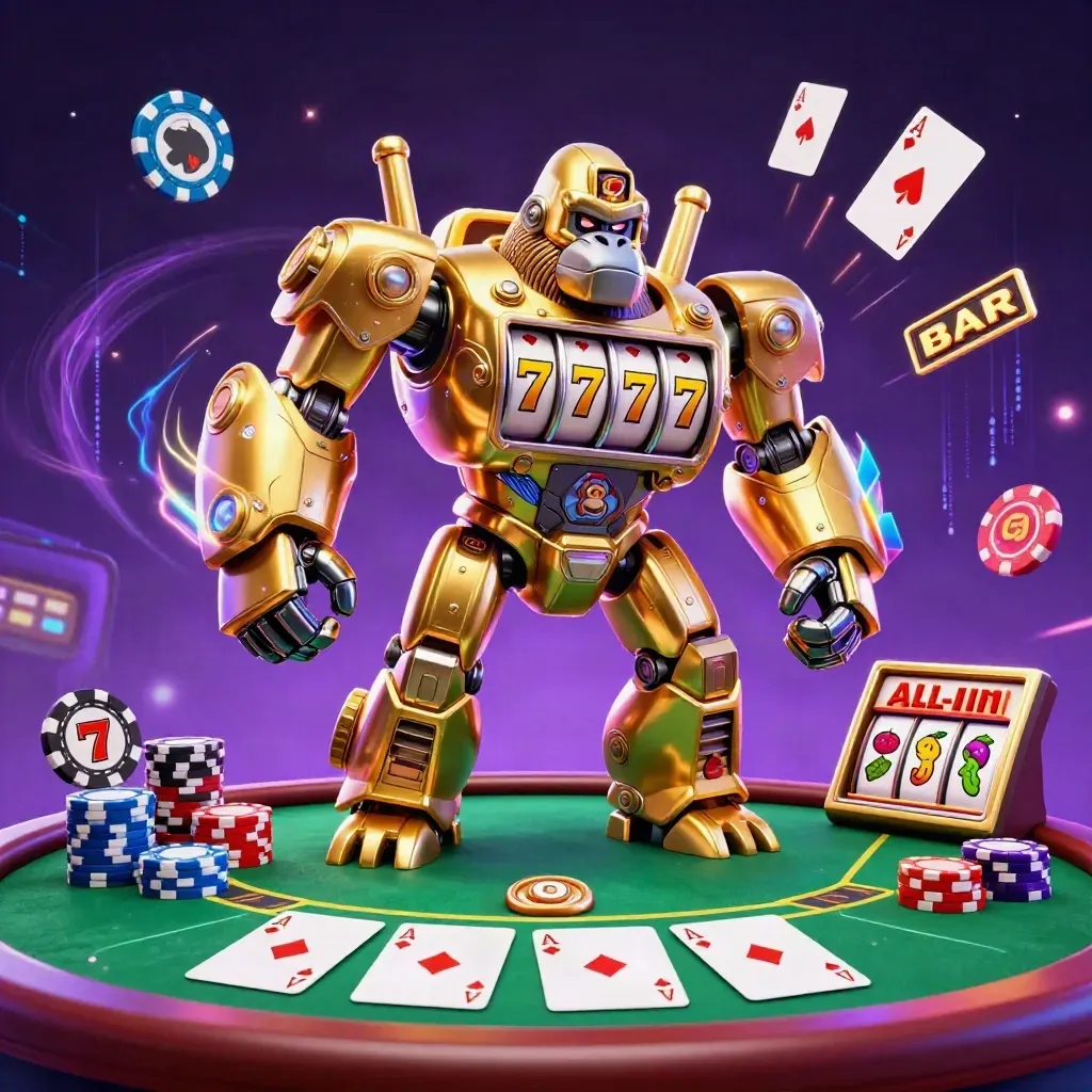 Golden slot-machine gorilla mech with monkey pilot amid poker chips and neon casino energy.