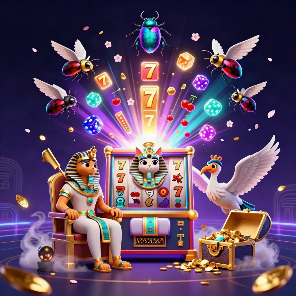 Pharaoh cat throne key art with ibis scribe, gem scarabs, and exploding slot symbols in neon dark.