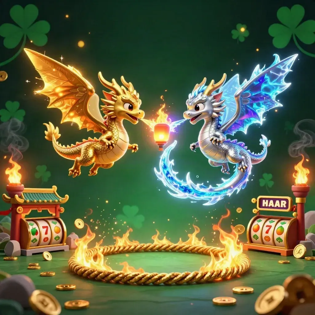 Intertwined gold and silver dragons with fire-and-ice breath, lantern spirit, casino relics, dark emerald glow