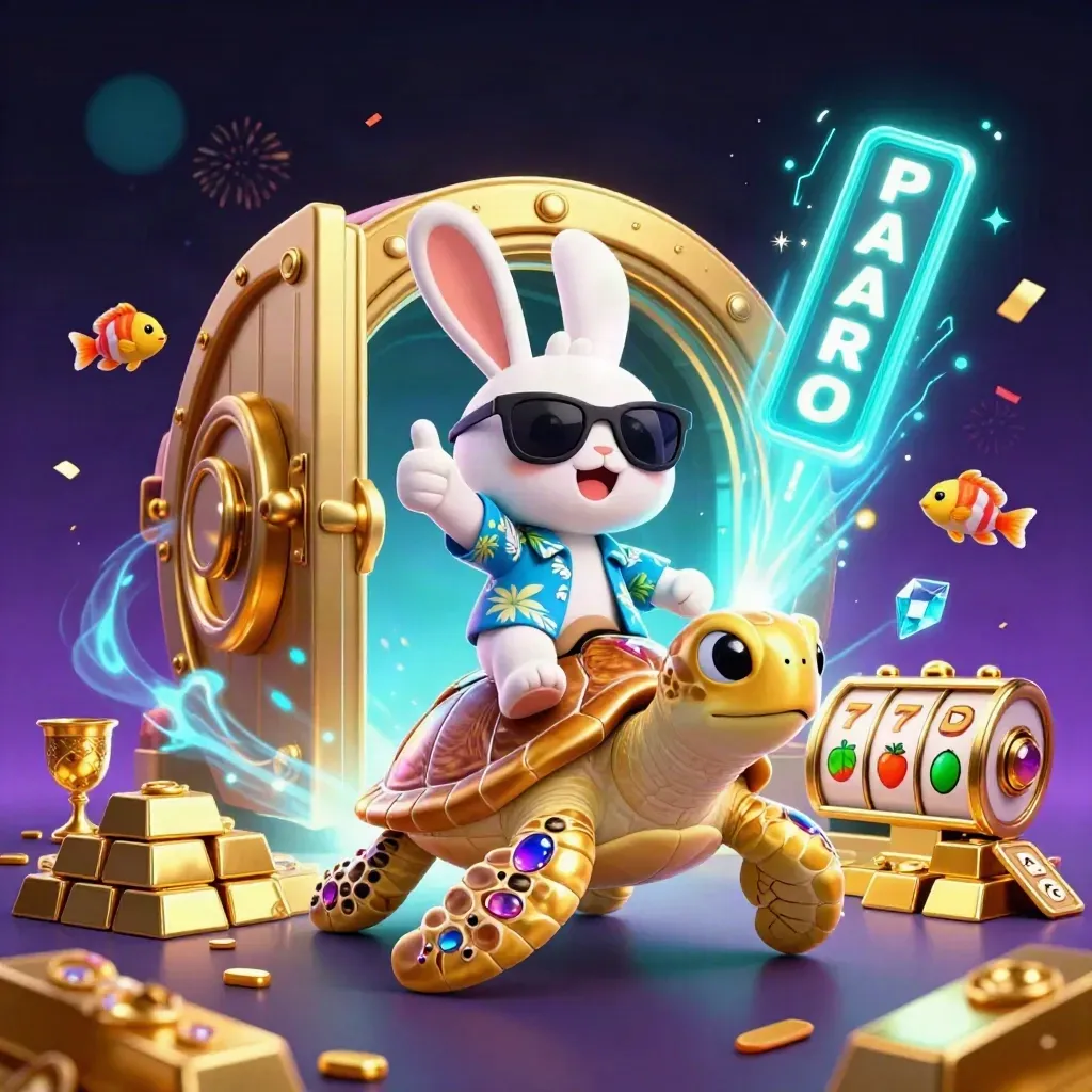 Rabbit rides jeweled sea turtle through a vault blast with coins, reels, and neon sparkles.
