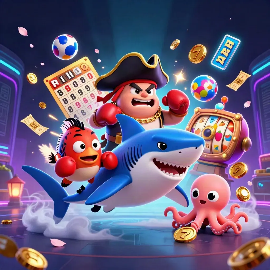 Pirate shark, boxing pufferfish, and juggling octopus amid casino bursts in neon cyber light.