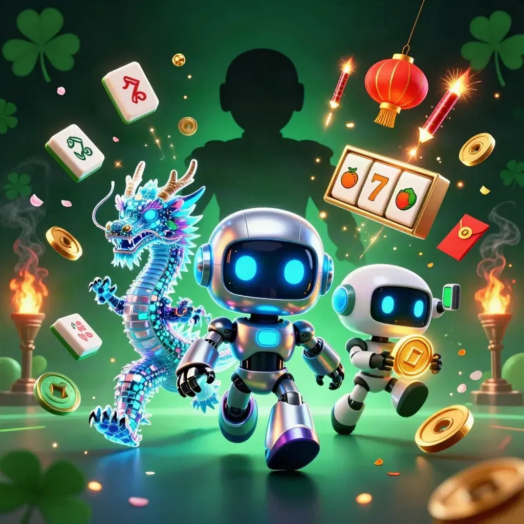 Cyberpunk robot, holographic dragon, and coin drone amid casino fireworks and lucky tiles