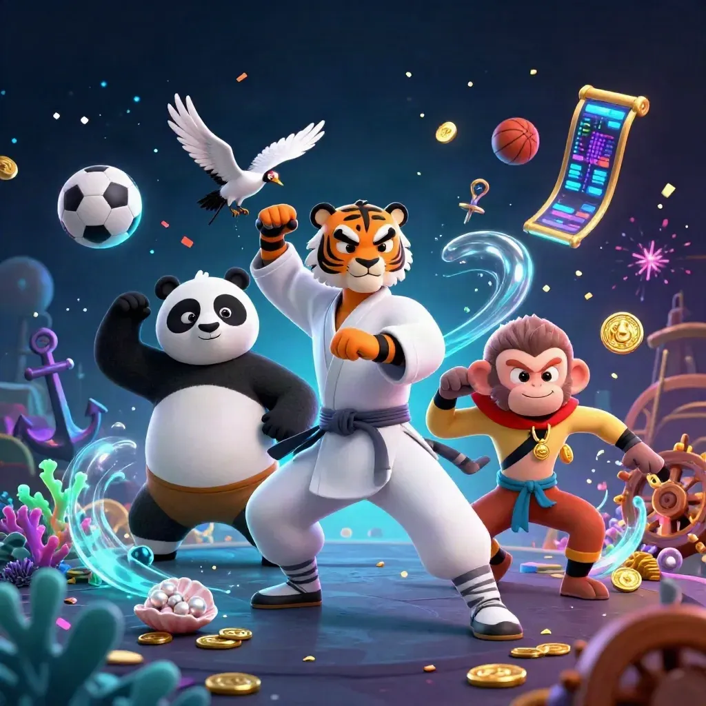 Tiger, panda, and monkey in a neon underwater treasure cove with gold and casino rewards.