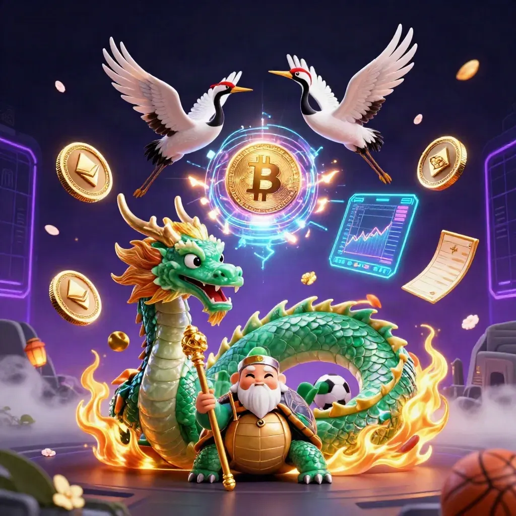 Jade dragon, turtle sage and cranes amid neon coins, lightning and fog