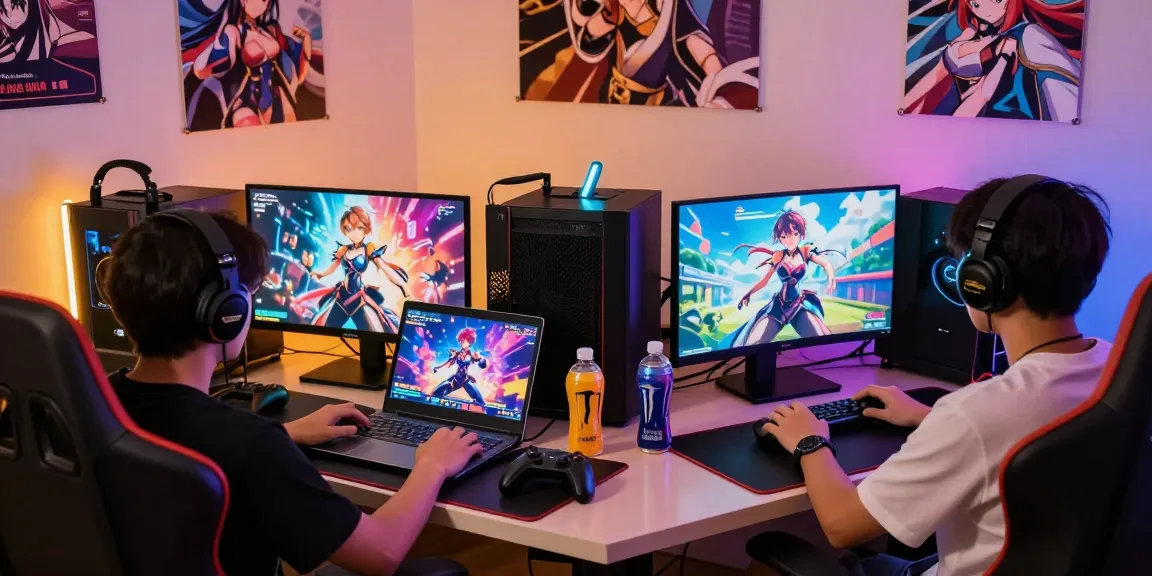 Players enjoying hentai games across devices in an immersive gaming setup with vibrant anime graphics.