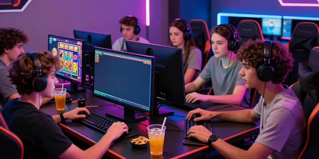 Permainan slot JPTOTO dengan pemain bersemangat dan suasana gaming yang ceria.