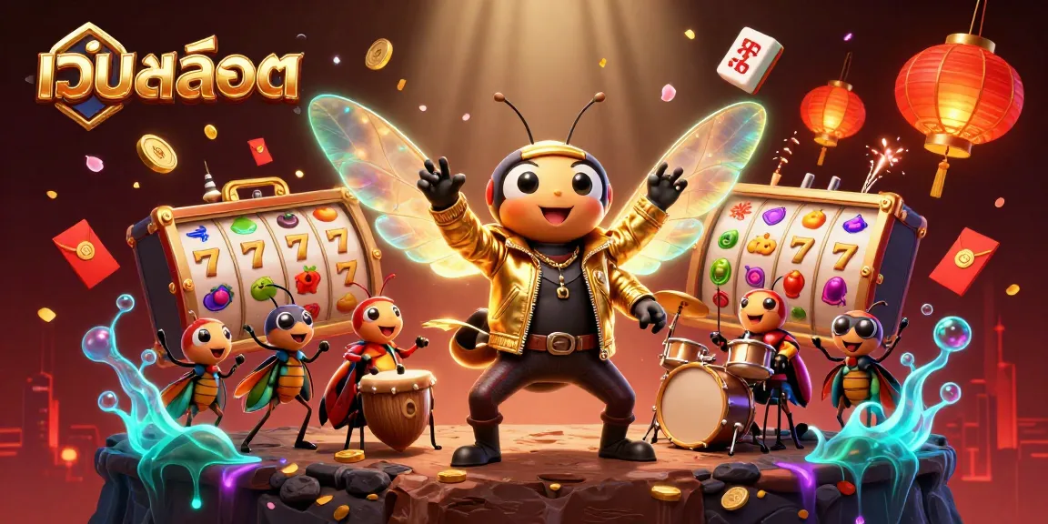 Experience เว็บสล็อต excitement with a dynamic 3D rock star scene filled with slot reels and vibrant symbols.