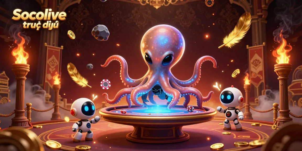 Engage with Socolive trực tiếp, where an alien octopus and robot host a cosmic poker game in stunning 3D.